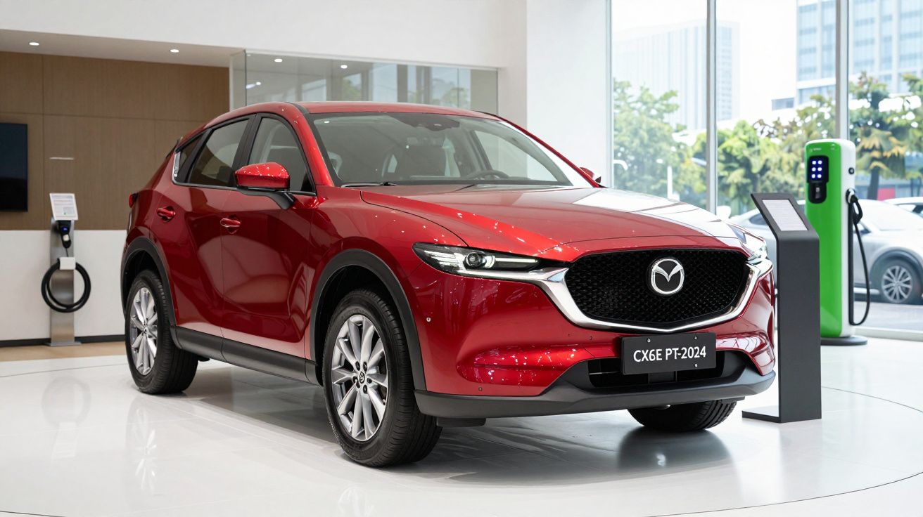 Carro Mazda CX-6E PT-2024 vermelho num salão com estação de carregamento elétrico ao lado.