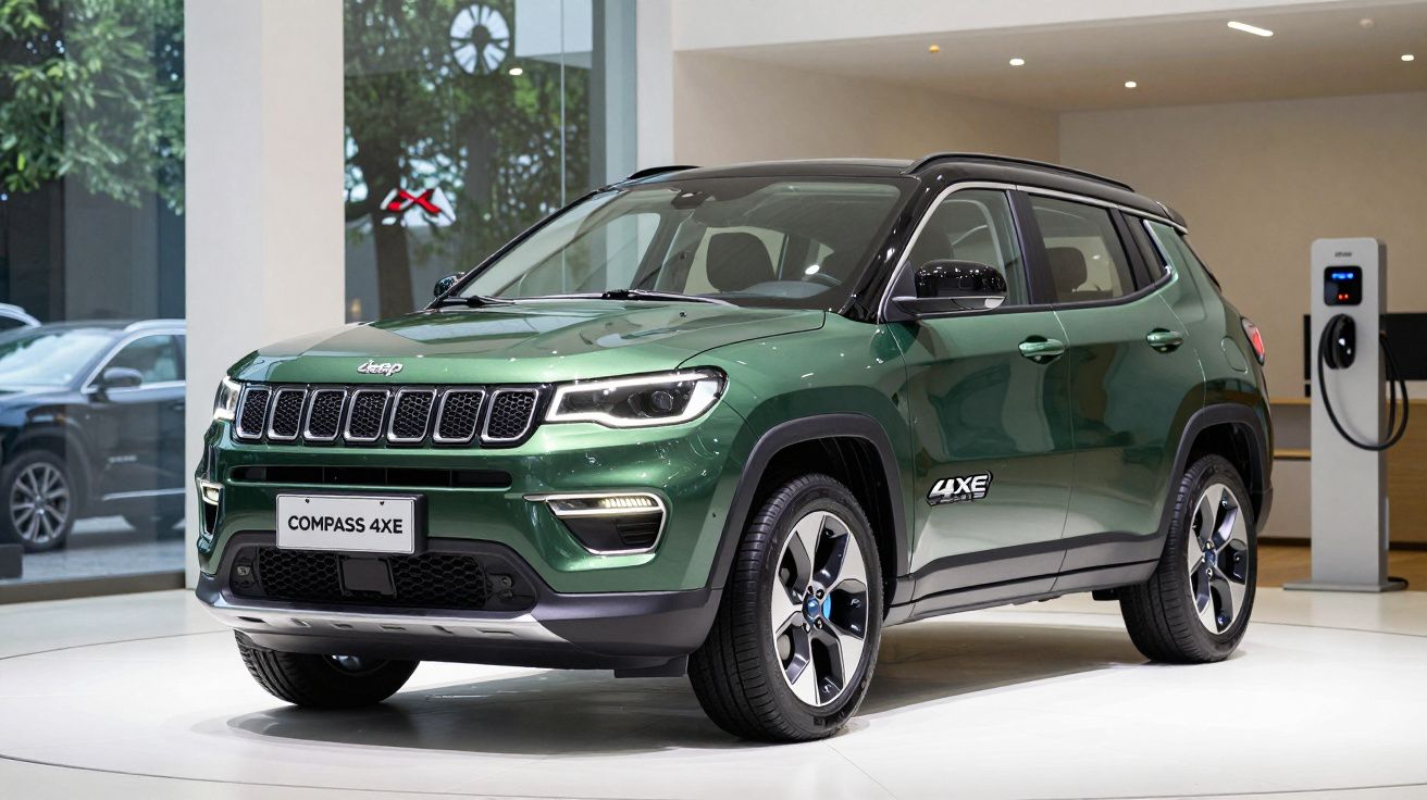 Jeep Compass 4XE verde estacionado em exposição com posto de carregamento elétrico ao lado.