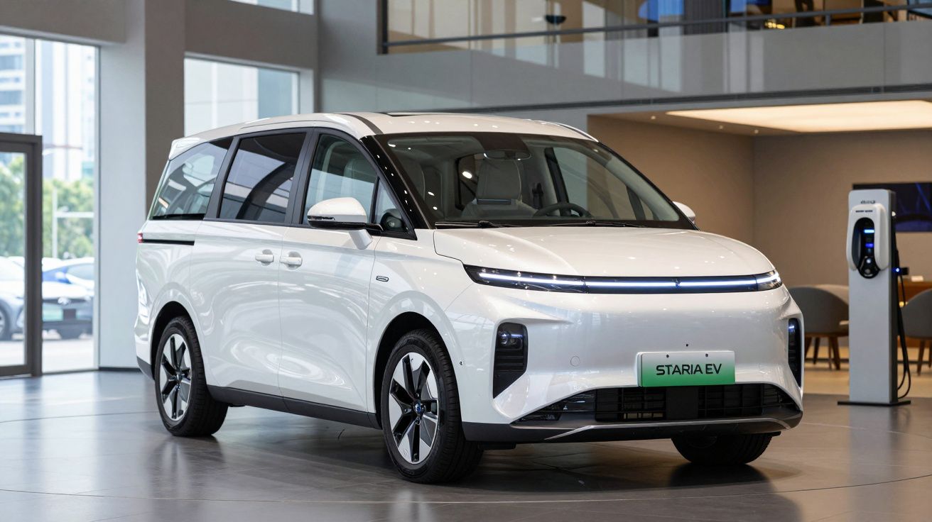 Veículo elétrico branco Hyundai Staria EV estacionado em salão moderno com posto de carregamento.