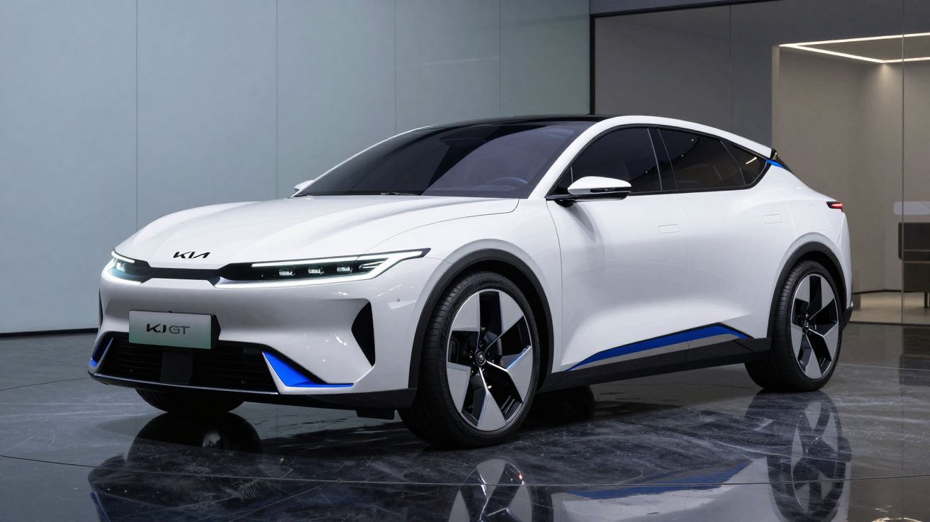 Carro elétrico Kia K8 GT branco estacionado em chão refletor, com design moderno e linhas aerodinâmicas.