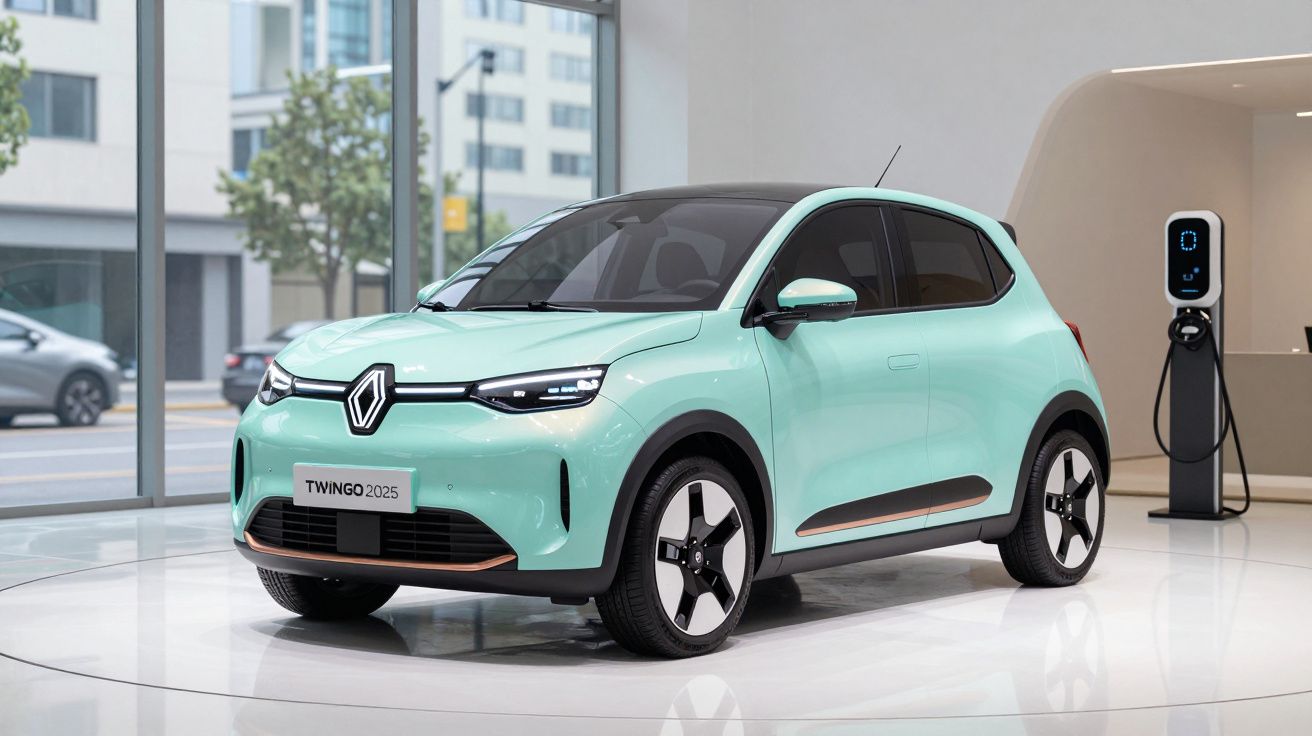 Automóvel elétrico Renault Twingo 2025 verde em exposição, com estação de carregamento elétrica ao fundo.