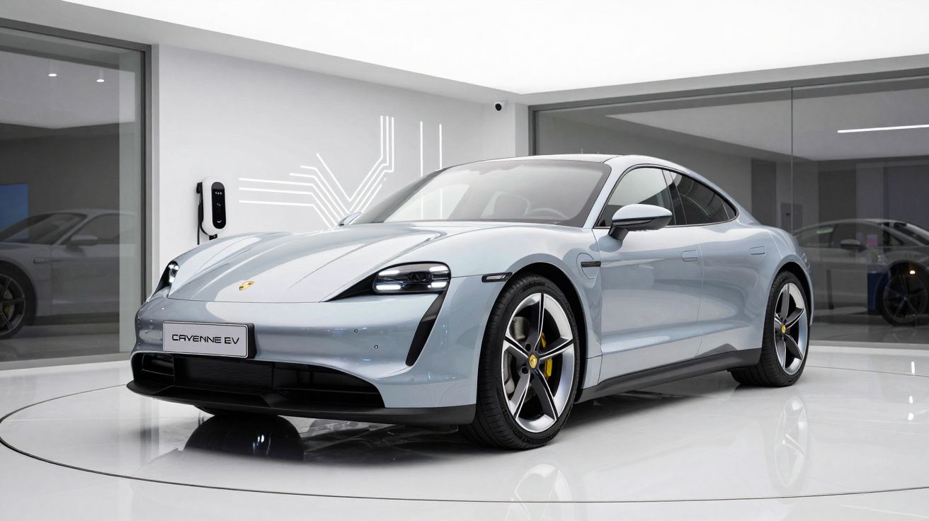 Carro elétrico Porsche Taycan prata numa sala moderna com iluminação branca e parede de vidro.