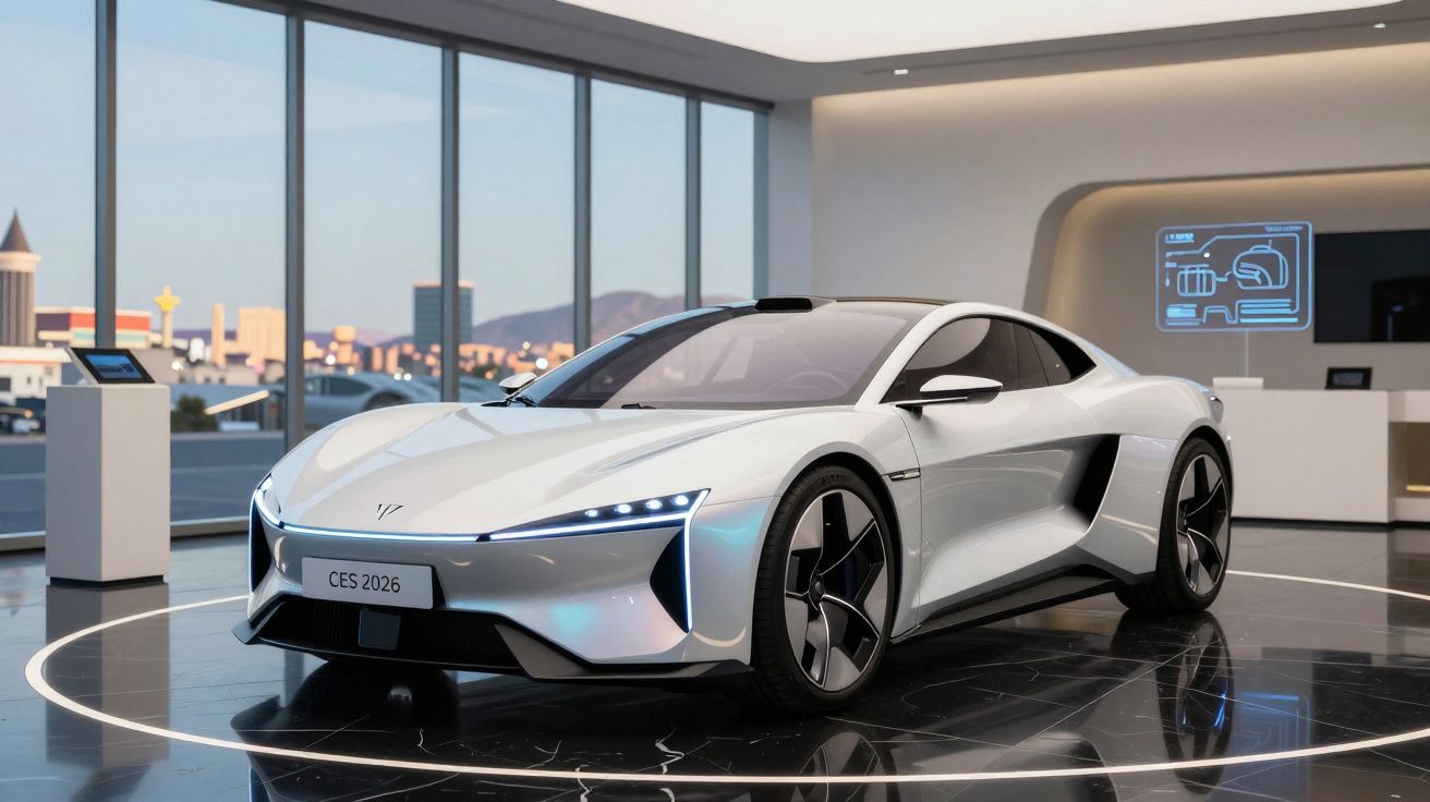 Carro desportivo elétrico branco com design moderno, exposto numa sala com grandes janelas panorâmicas.