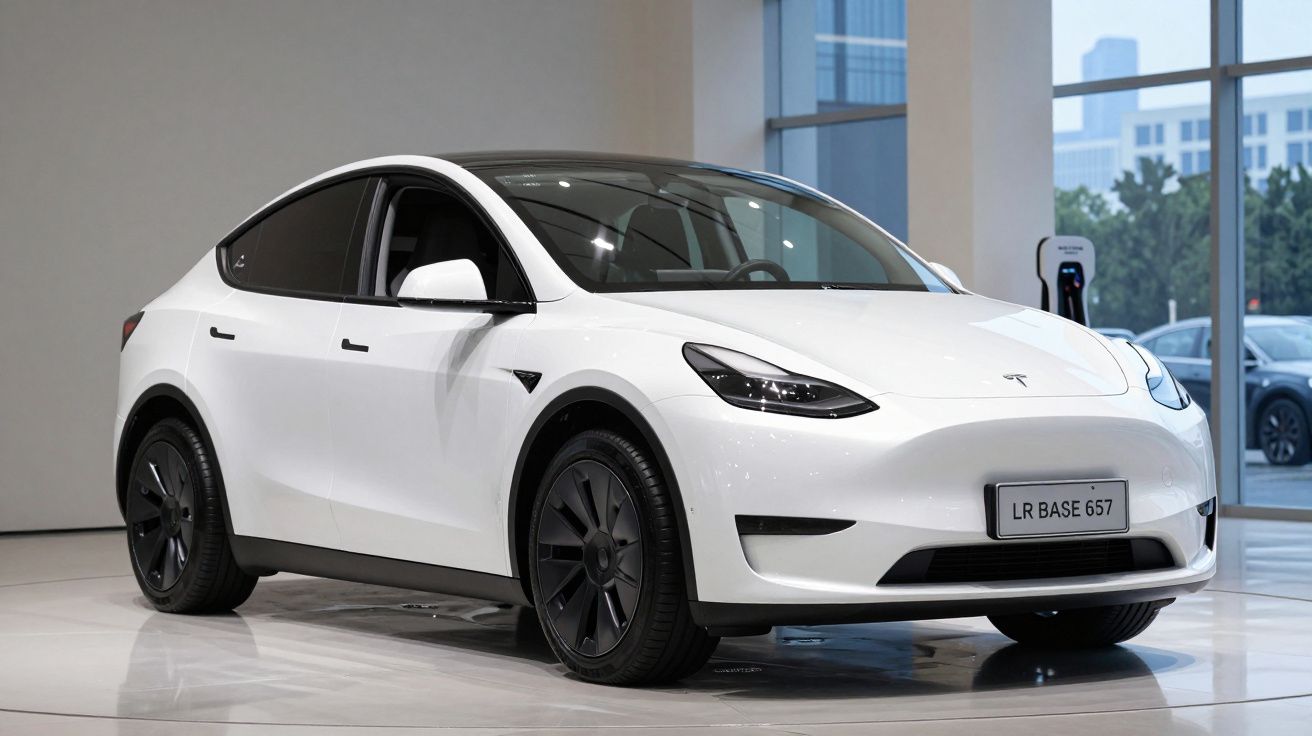 Carro elétrico branco Tesla Model Y estacionado dentro de uma sala moderna com vidro e carregador.