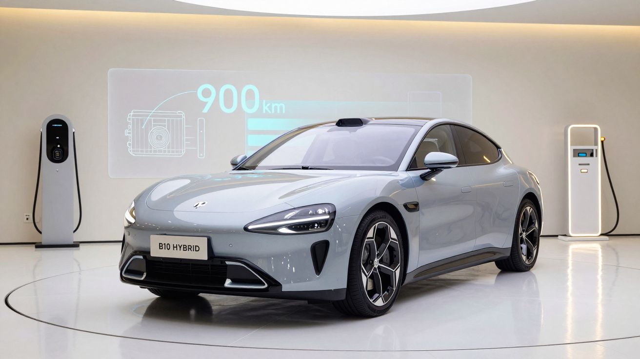 Carro elétrico B10 Hybrid cinza claro estacionado em sala com dois carregadores e gráfico de autonomia de 900 km.