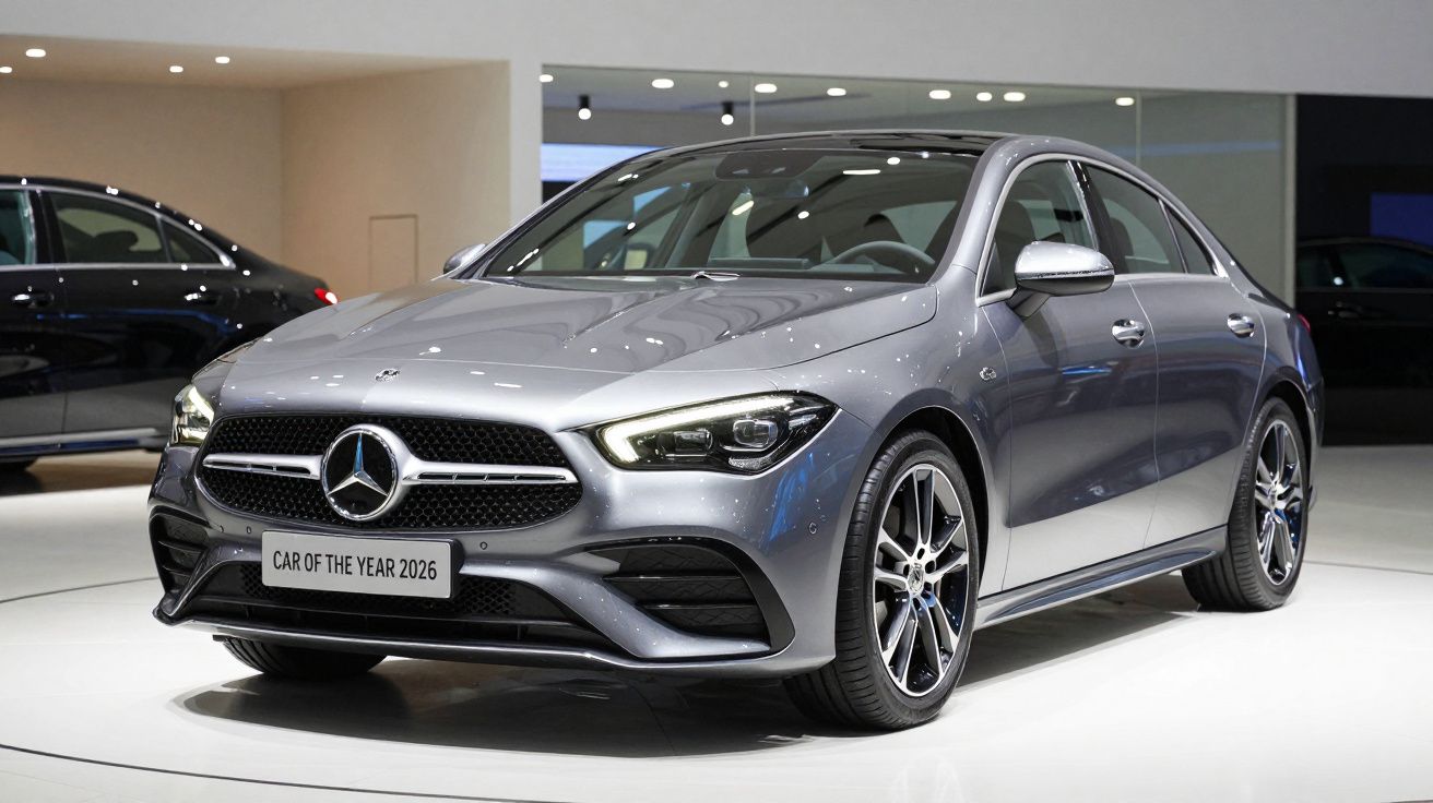 Mercedes-Benz cinzento exposto em salão automóvel com placa "Car of the Year 2026".