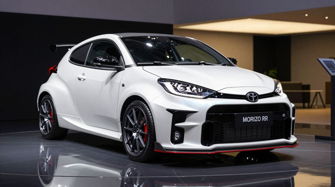 Carro desportivo branco Toyota Morizo RR apresentado em palco com iluminação interior.