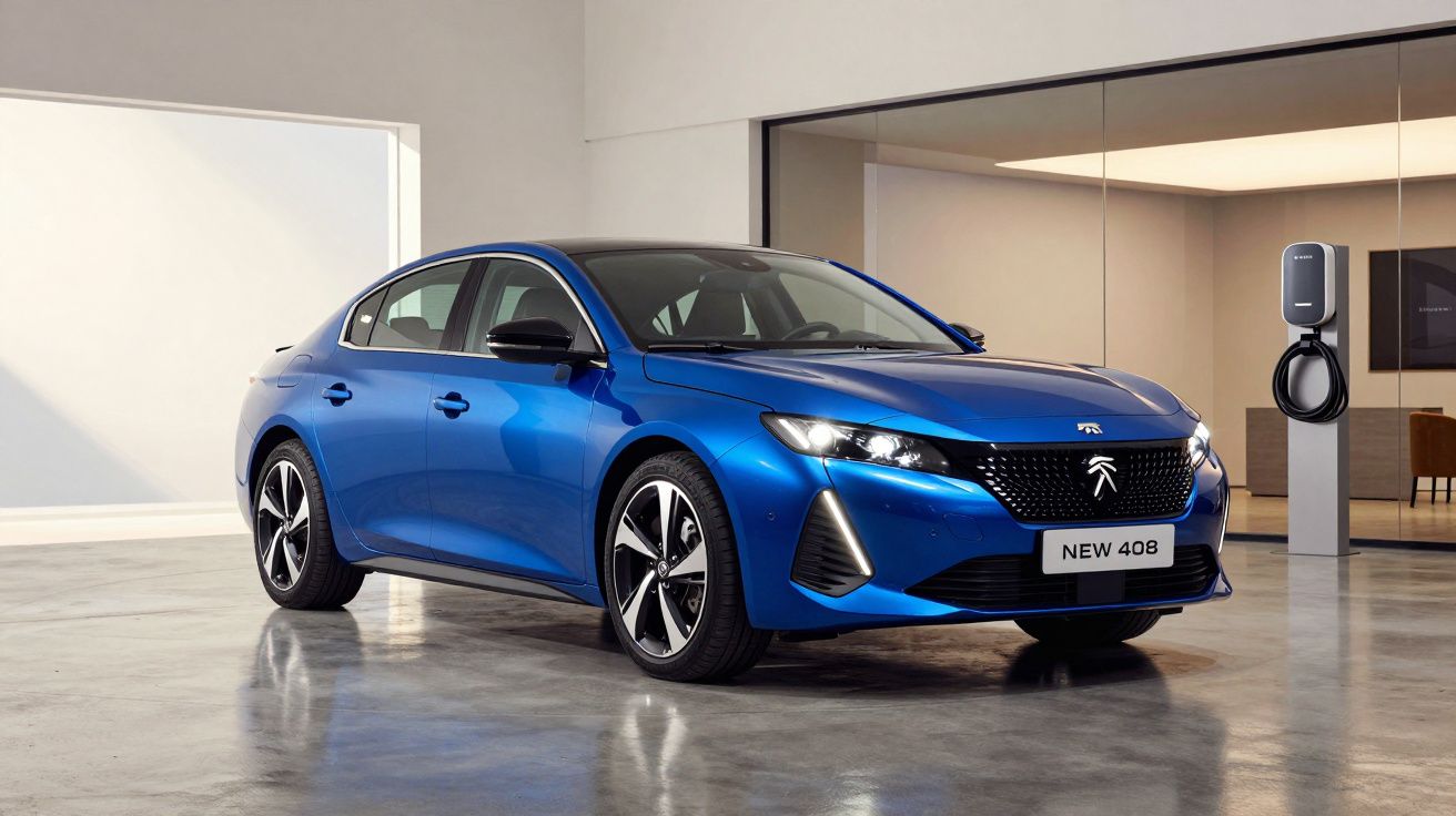 Carro elétrico azul Peugeot New 408 estacionado numa garagem moderna com carregador elétrico.