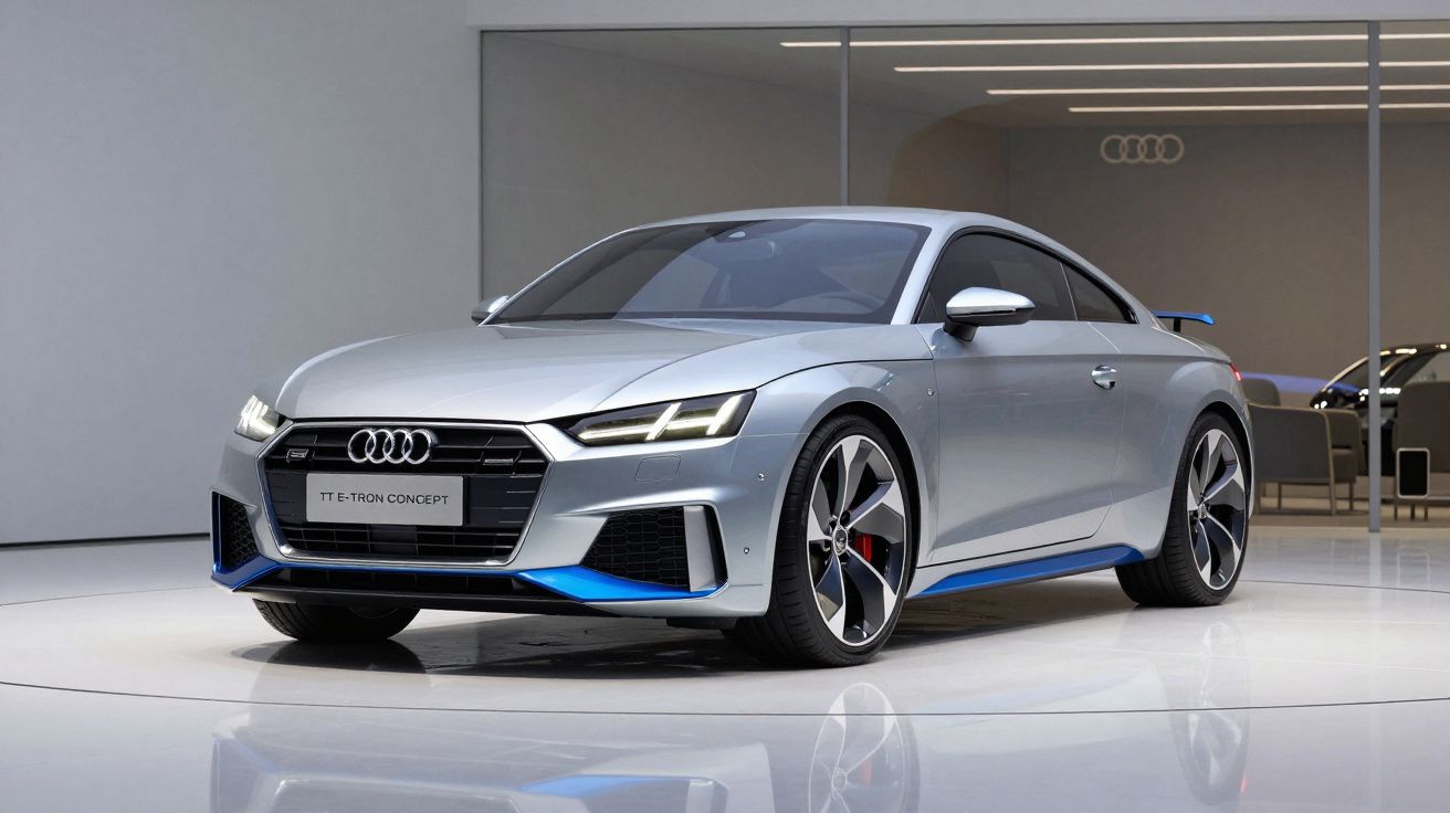 Carro elétrico desportivo Audi TT E-Tron Concept cinzento com detalhes azuis em exposição.