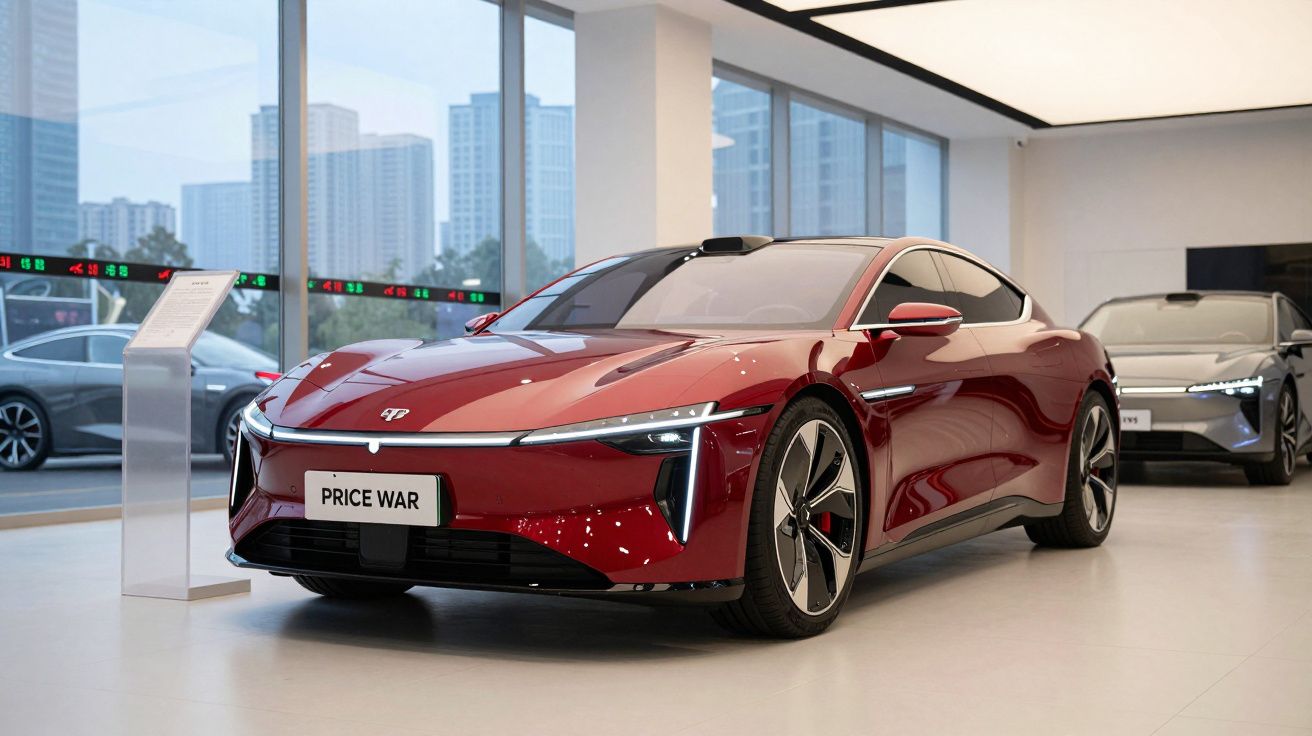 Carro desportivo elétrico vermelho com design futurista numa exposição em espaço interior moderno.