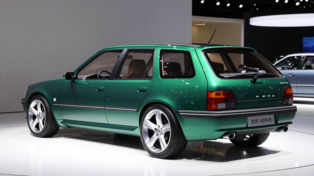 Automóvel Peugeot 205 Verde com quatro portas, apresentado em exposição sob iluminação interior.