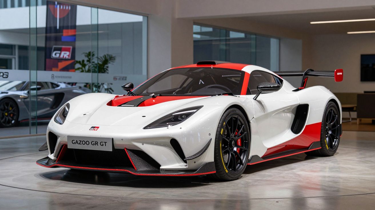 Carro desportivo branco com detalhes vermelhos e rodas pretas exibido numa garagem moderna.