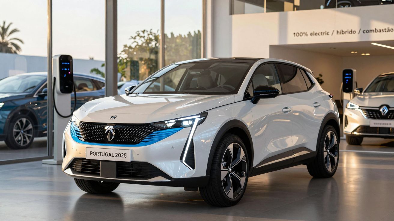 Carro elétrico branco moderno exposto em showroom com carregadores elétricos ao fundo.