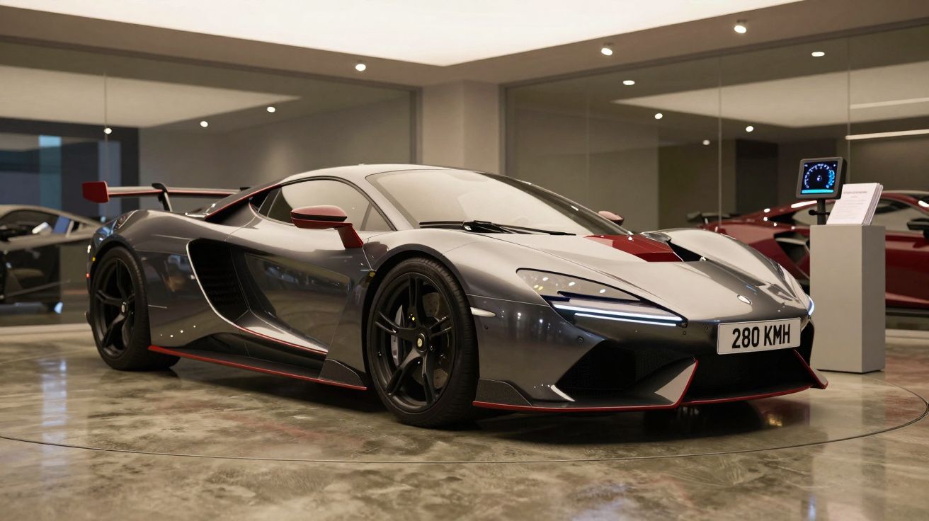 Carro desportivo cinza metálico com detalhes vermelhos exposto num showroom moderno com chão de cimento polido.