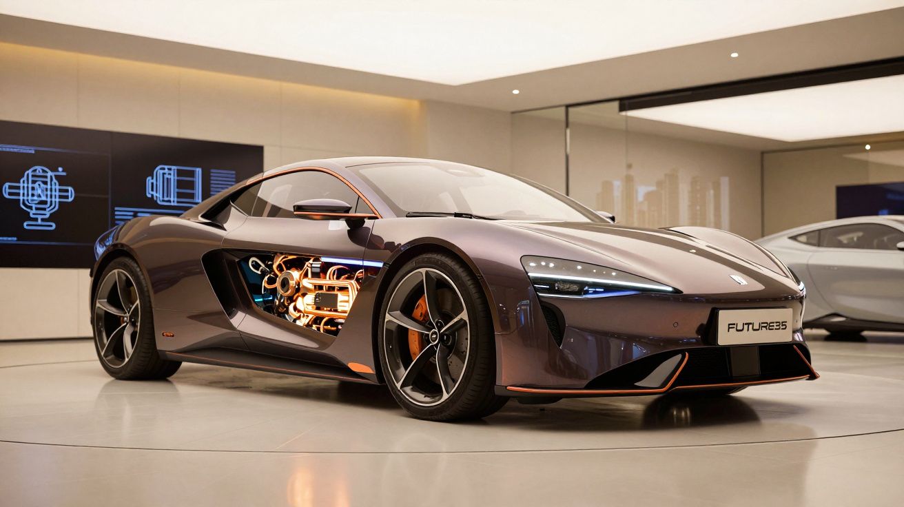 Carro desportivo moderno com secção lateral translúcida que revela o motor em exposição em showroom.