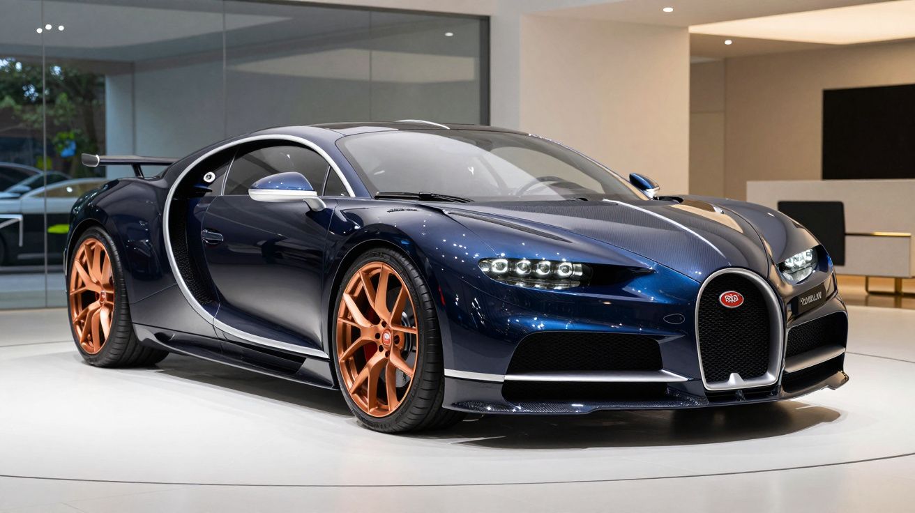 Carro desportivo Bugatti Chiron azul com jantes douradas numa exposição moderna e iluminada.