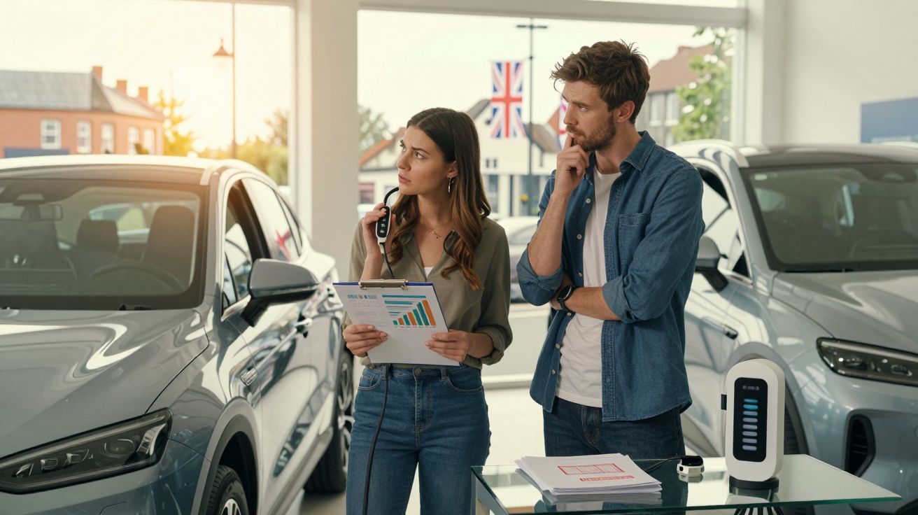Casal a analisar carros elétricos numa concessionária, com coluna de carregamento e gráfico de vendas na mão da mulher.