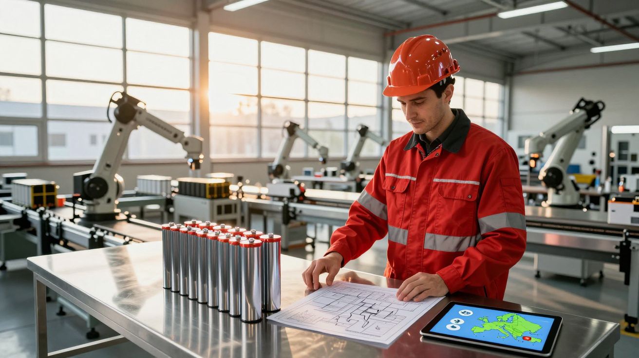 Engenheiro de segurança em fábrica moderna com capacete vermelho analisa esquema ao lado de pilhas cilíndricas e tablet.