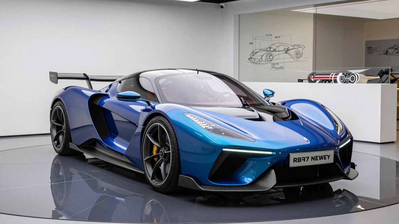 Carro desportivo azul metálico McLaren RB7 Newey estacionado em showroom com detalhes em carbono.