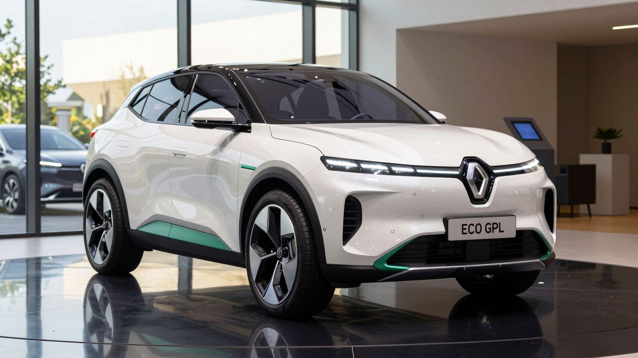 Carro elétrico Renault branco com detalhes verdes, em showroom moderno com janelas grandes.