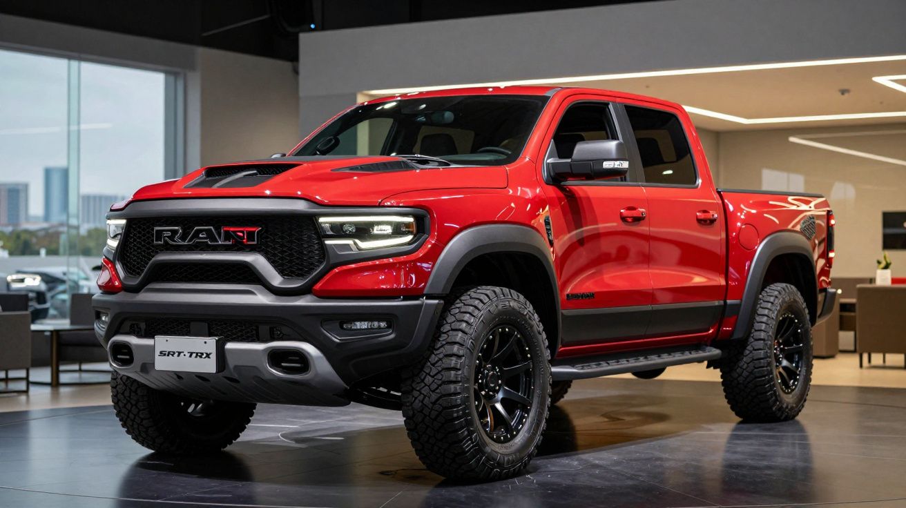 Picape vermelha RAM SRT-TRX com pneus robustos, destacada em showroom moderno.