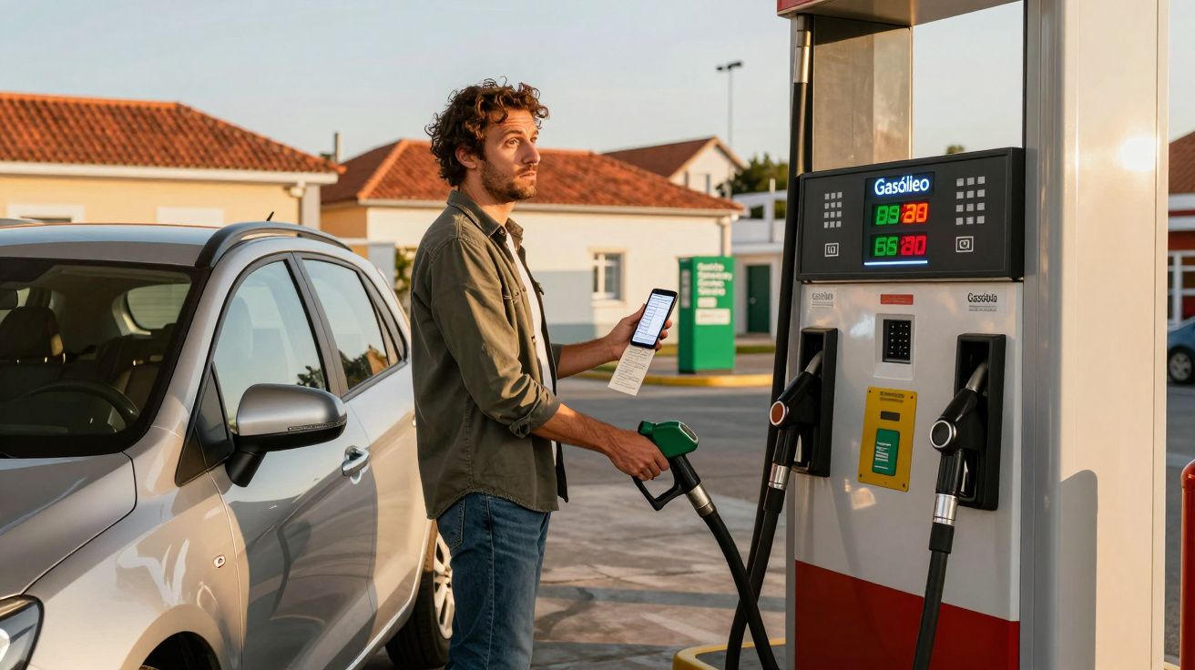 Homem a abastecer carro com gasolina numa bomba e a consultar um telemóvel numa estação de serviço.