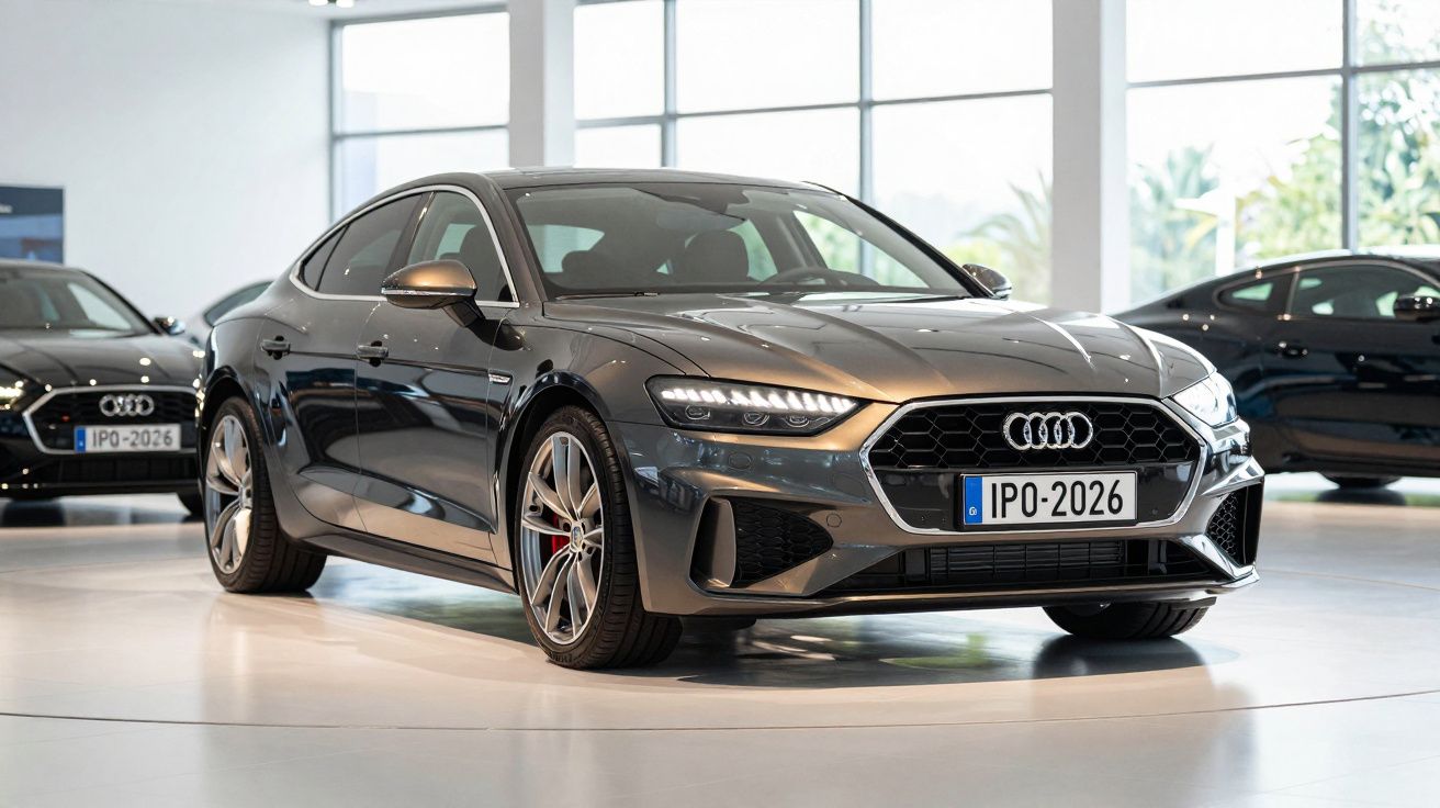Carro Audi cinzento escuro estacionado em sala de exposição com grandes janelas e luz natural.