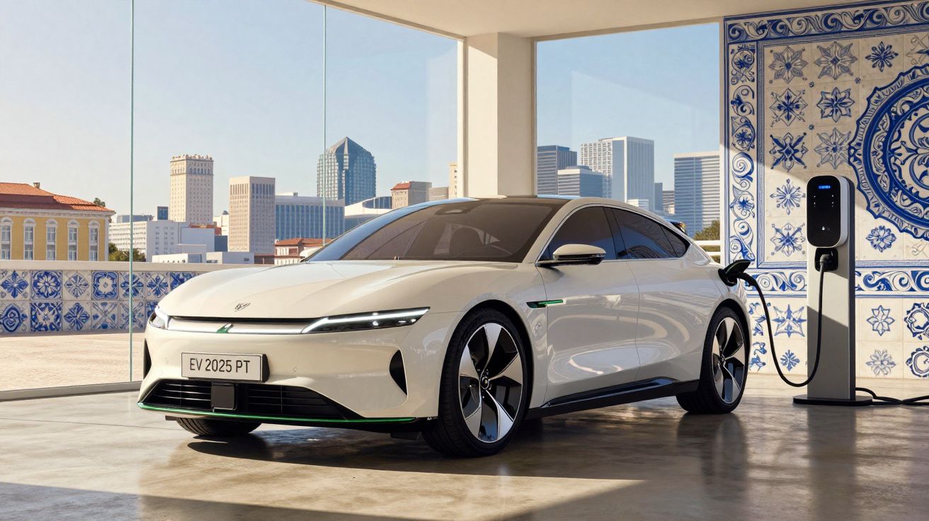 Carro elétrico branco a ser carregado numa estação com azulejos tradicionais portugueses e vista urbana ao fundo.