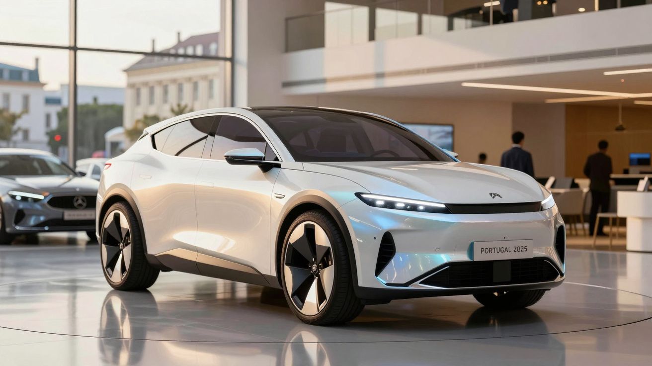 Carro elétrico moderno prateado em exposição num salão com janela grande e outras pessoas ao fundo.