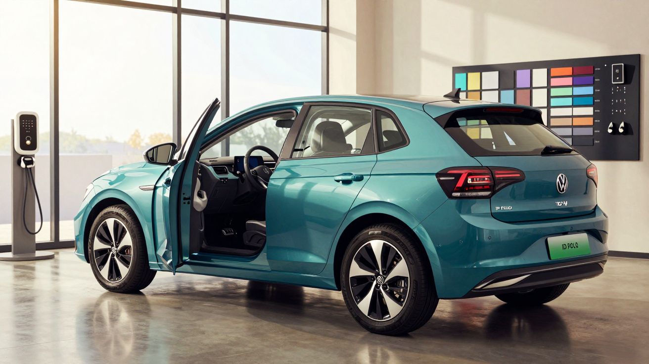 Carro elétrico Volkswagen ID.4 Crozz azul com porta dianteira aberta, carregador ao lado, em espaço moderno.