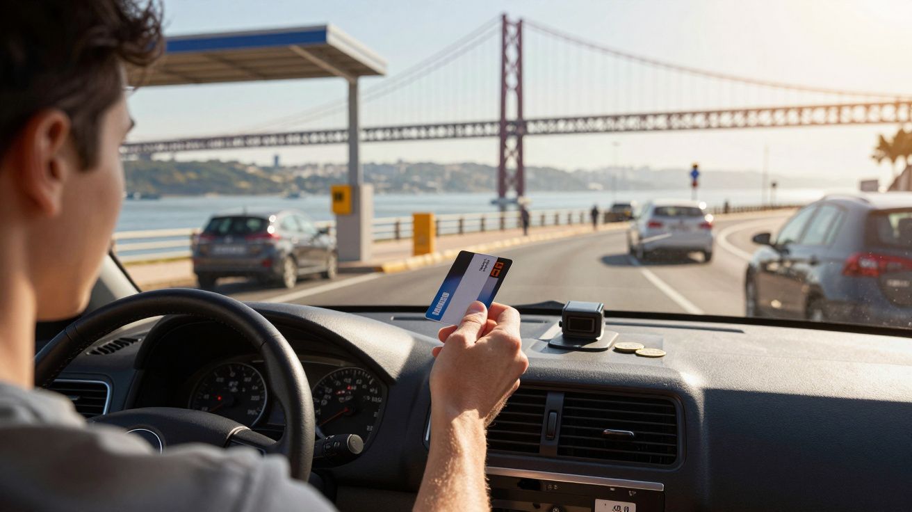 Motorista a segurar um cartão num carro a passar perto da ponte 25 de Abril em Lisboa.