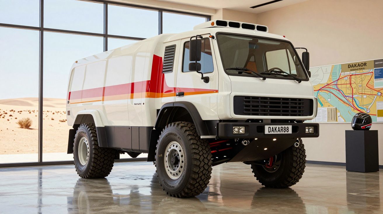 Veículo todo o terreno branco com faixa vermelha em exposição numa sala moderna com janelas grandes.