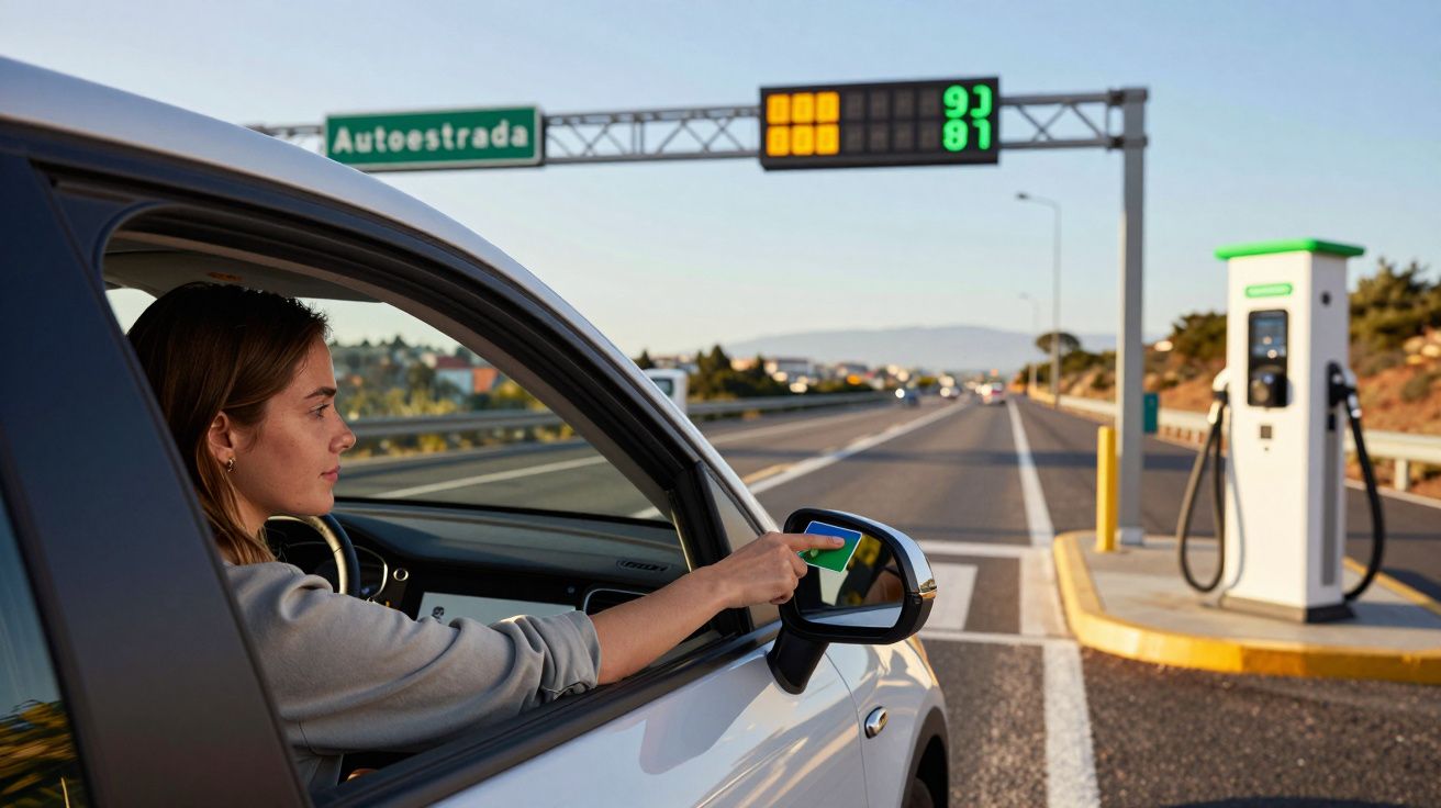 Mulher num carro branco usa cartão na portagem numa autoestrada com sinal verde e painel digital.