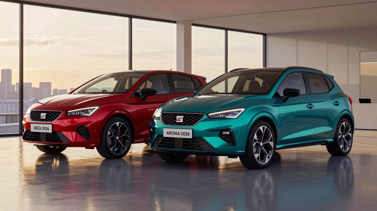 Dois carros SEAT novos, modelo Ibiza vermelho e Arona verde, num showroom moderno com janelas grandes.