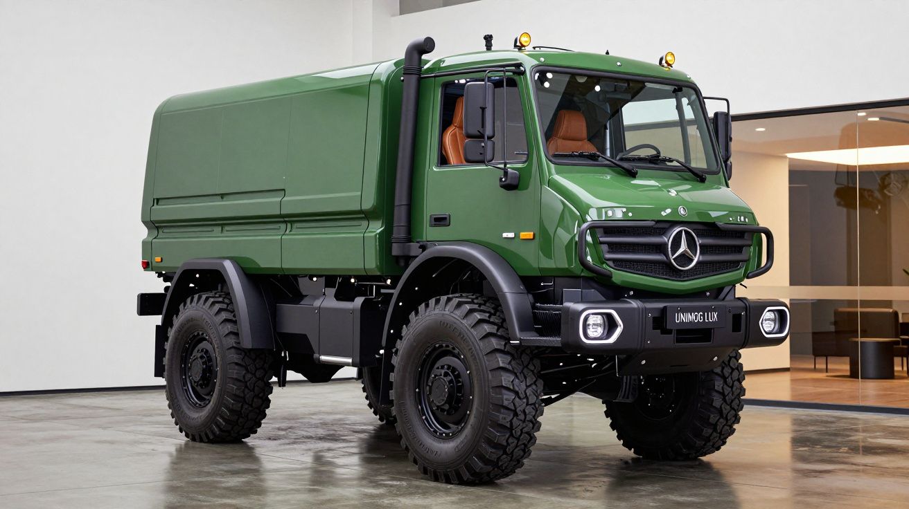 Camião Mercedes-Benz Unimog Lux verde, robusto, com pneus todoterreno, estacionado em interior moderno.