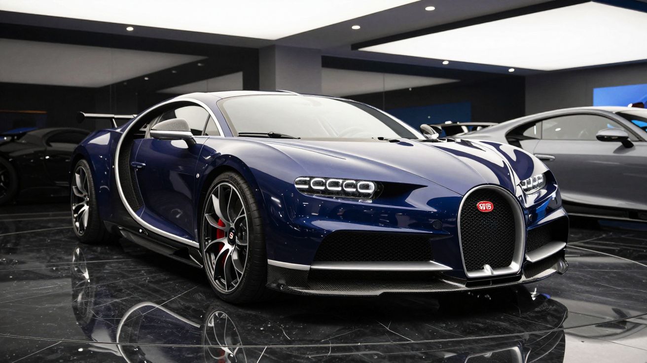 Carro desportivo azul escuro Bugatti Chiron em exposição numa sala com chão em mármore preto.