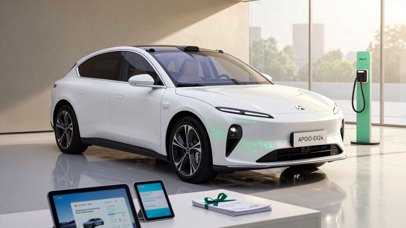 Carro elétrico branco estacionado em interior moderno com carregador e dispositivos digitais à frente.