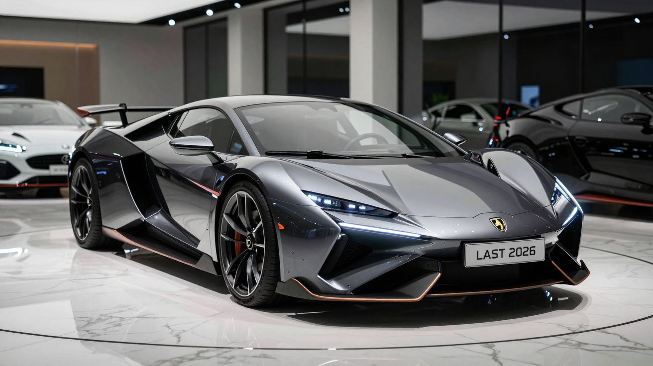 Carro desportivo Lamborghini cinzento metálico com luzes LED e detalhes laranja, em exposição num salão moderno.