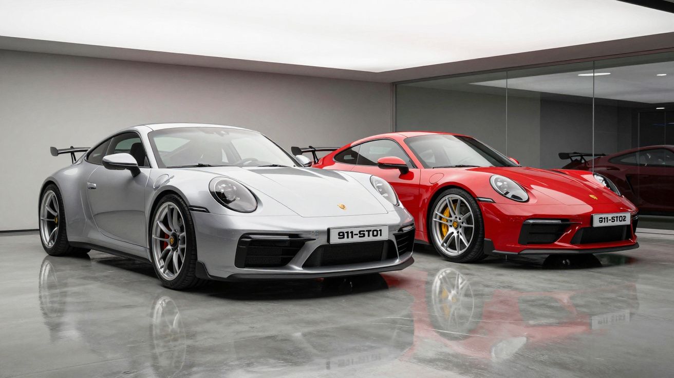 Dois carros desportivos Porsche 911 STI, um prateado e outro vermelho, estacionados em piso brilhante interior.