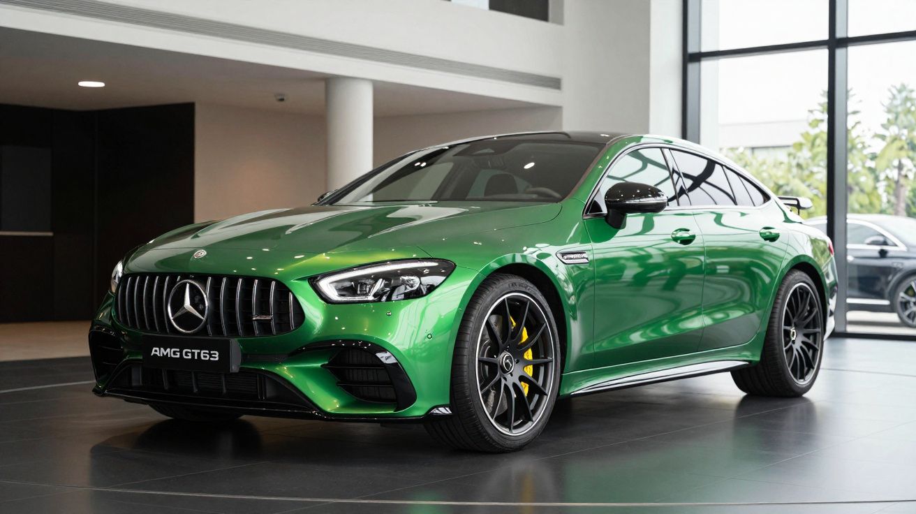 Carro desportivo Mercedes AMG GT63 verde exposto numa garagem moderna com janelas grandes.