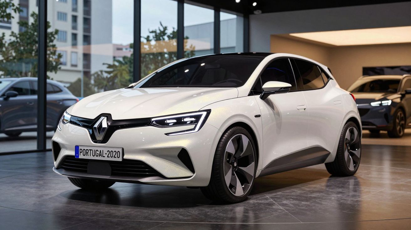 Automóvel Renault branco elétrico exposto num salão moderno com janelas grandes e piso cinzento.