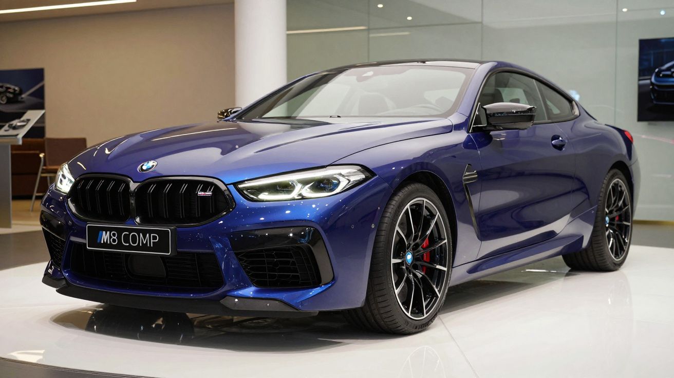 Carro desportivo BMW M8 Competition azul com linhas aerodinâmicas exposto em salão automóvel.