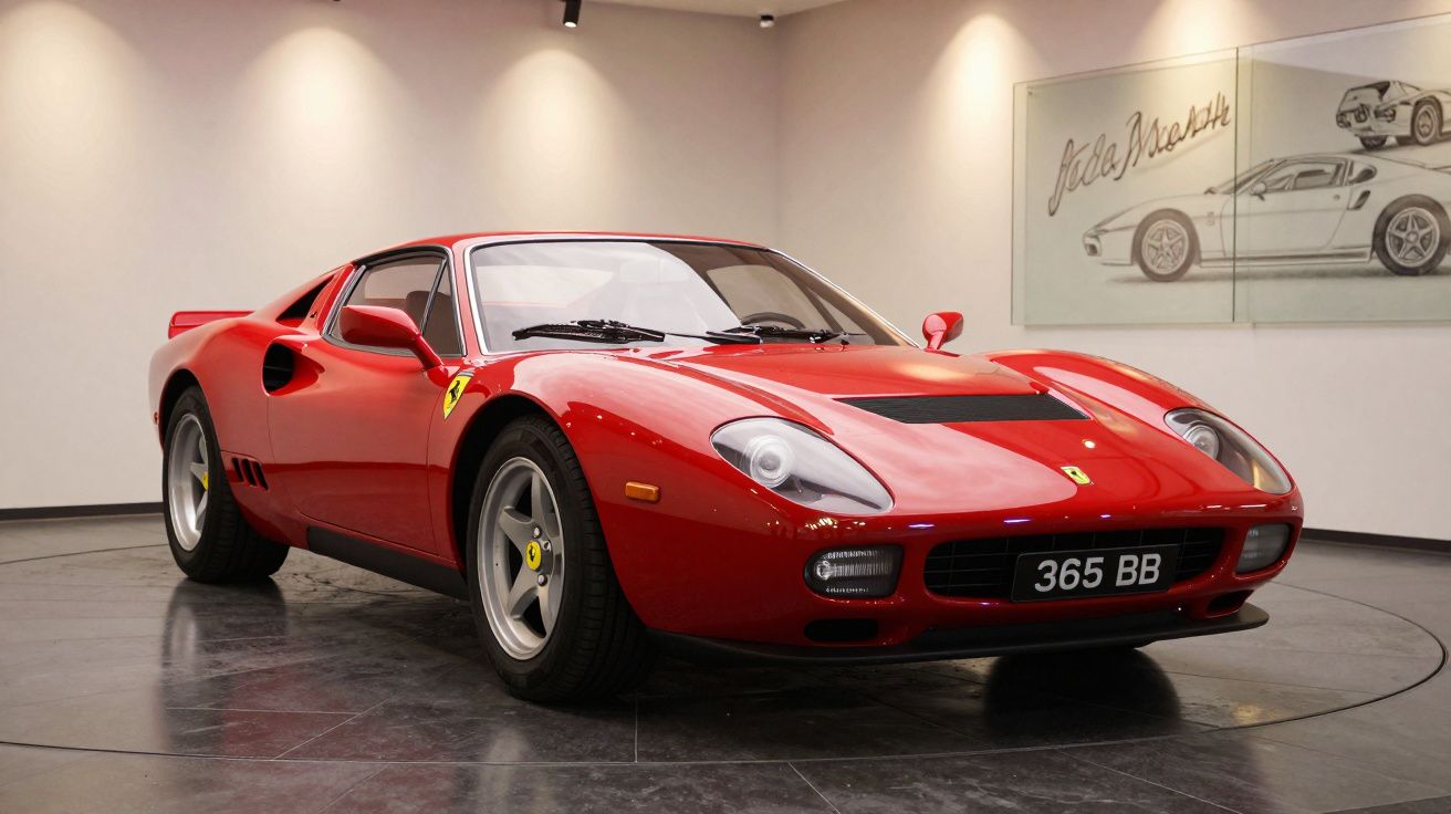 Ferrari 365 BB vermelha clássica expositada num espaço interior com desenho automóvel nas paredes.