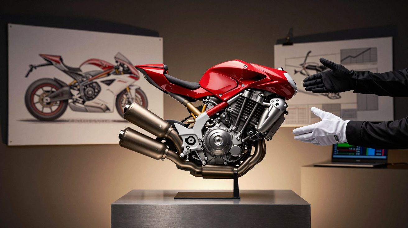 Motor de motocicleta vermelho apresentado em exposição, com esquemas técnicos ao fundo.