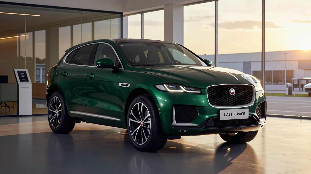 SUV Jaguar F-Pace verde estacionado em showroom moderno com grandes janelas e luz natural.