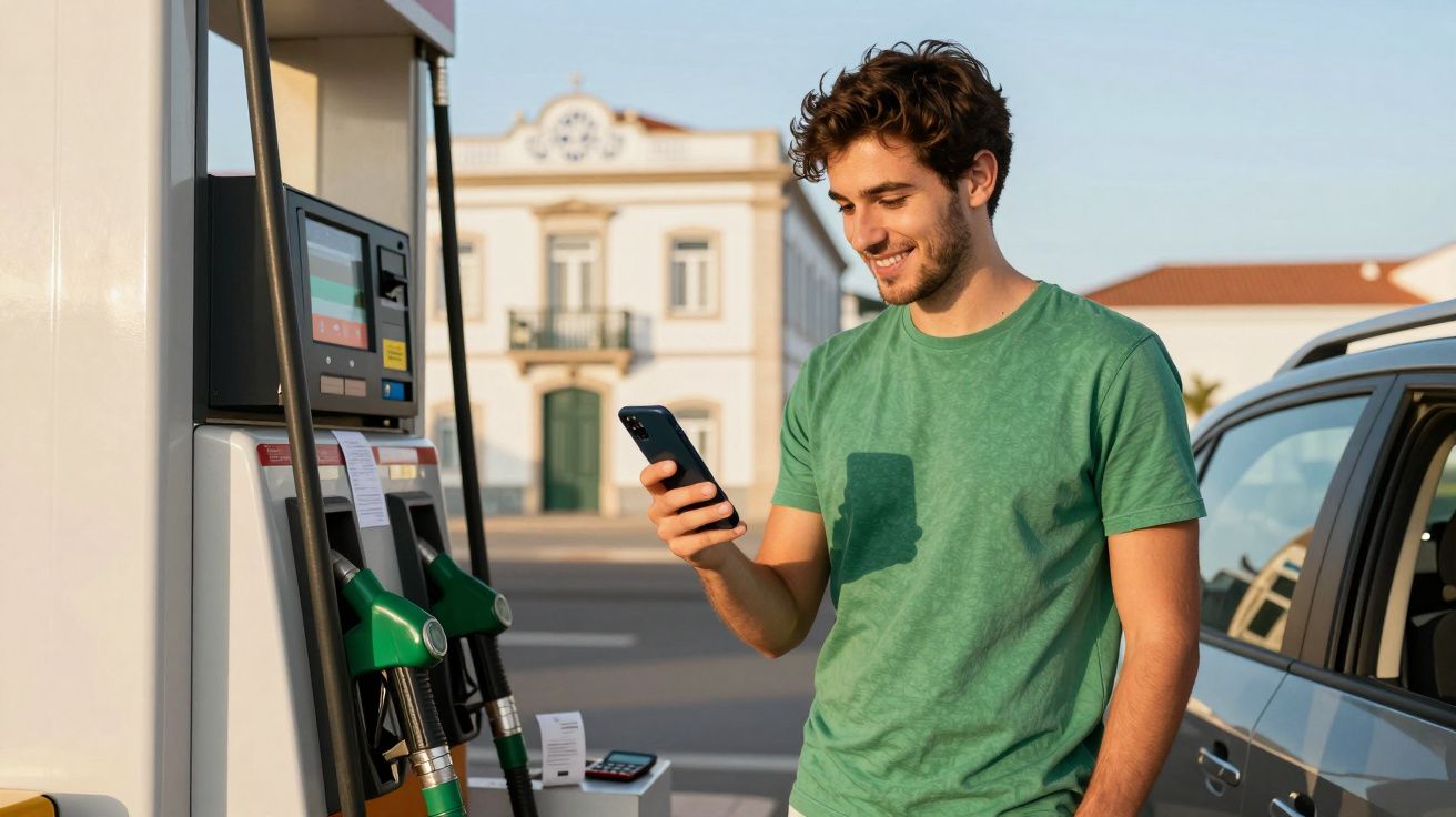 Homem sorridente com t-shirt verde a usar telemóvel junto a bomba de combustível e carro estacionado.