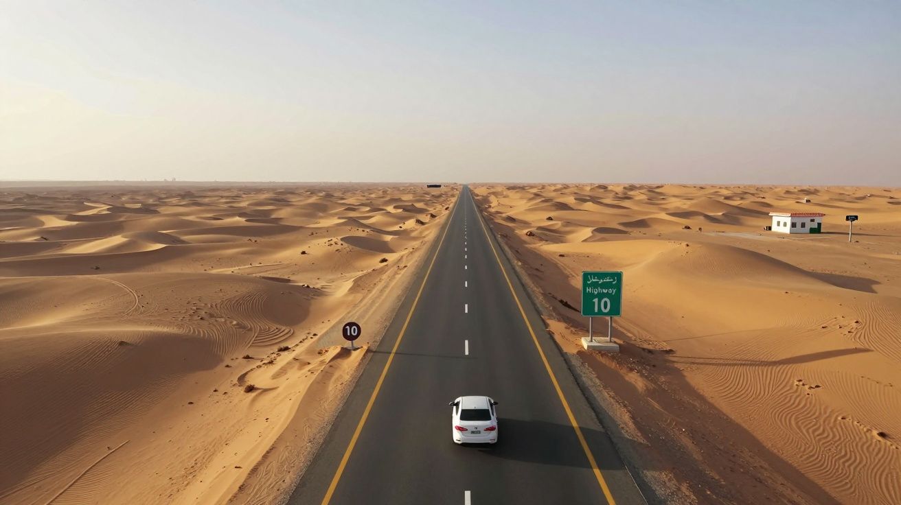 Estrada reta no deserto com um carro branco estacionado e placas de sinalização verde e preta indicando a via 10.
