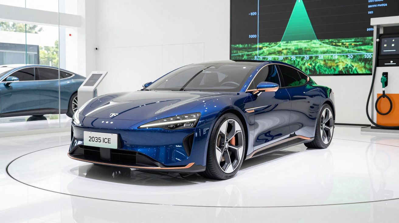 Carro desportivo elétrico azul metálico em exposição num showroom moderno e luminoso.