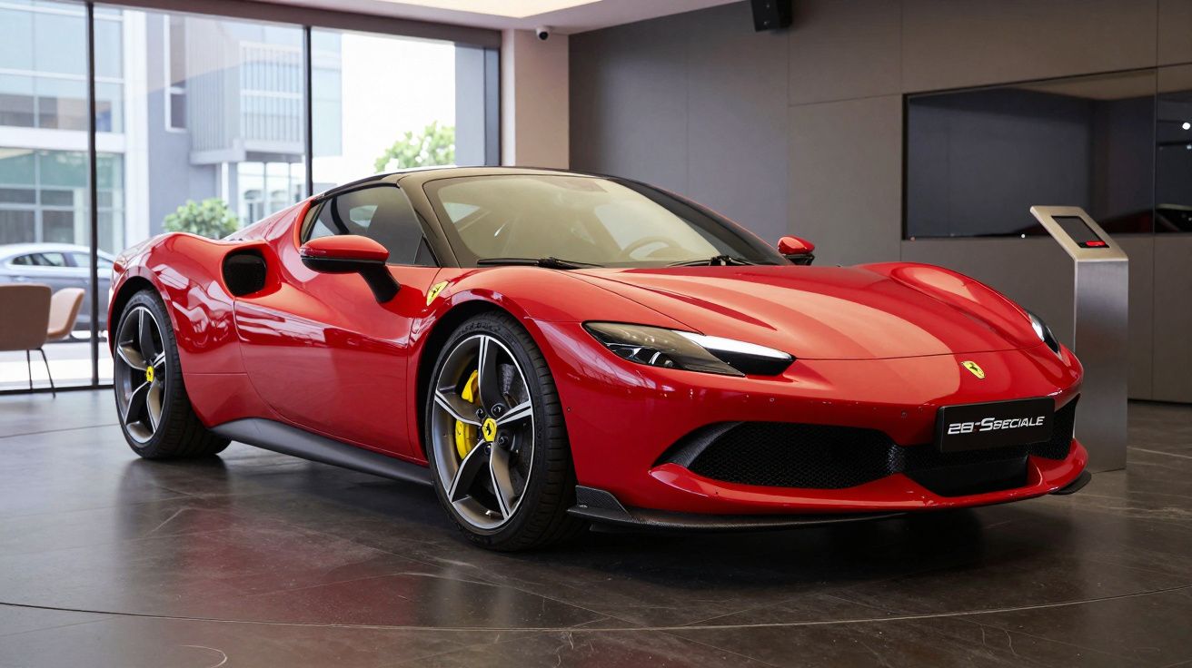 Carro desportivo vermelho Ferrari 296 speciale estacionado em espaço interior moderno.