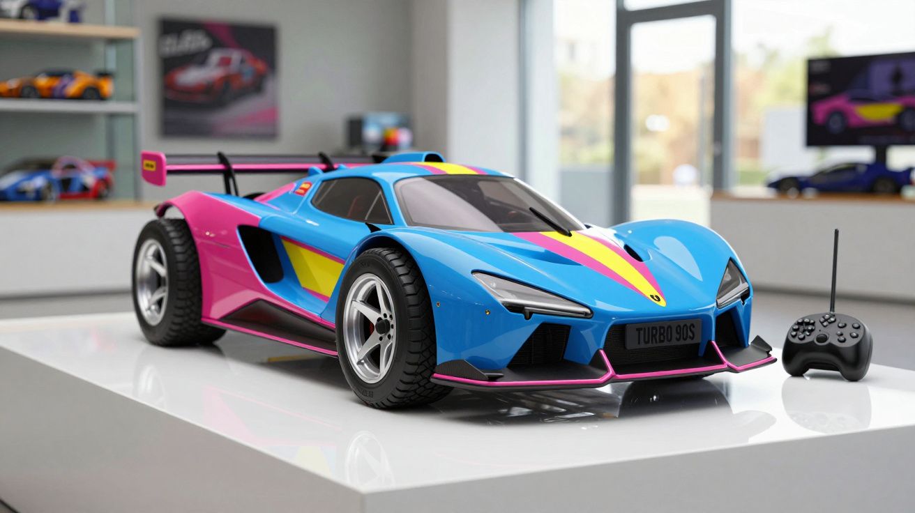 Carro de corrida de controlo remoto azul, rosa e amarelo numa mesa branca, com comando preto ao lado.